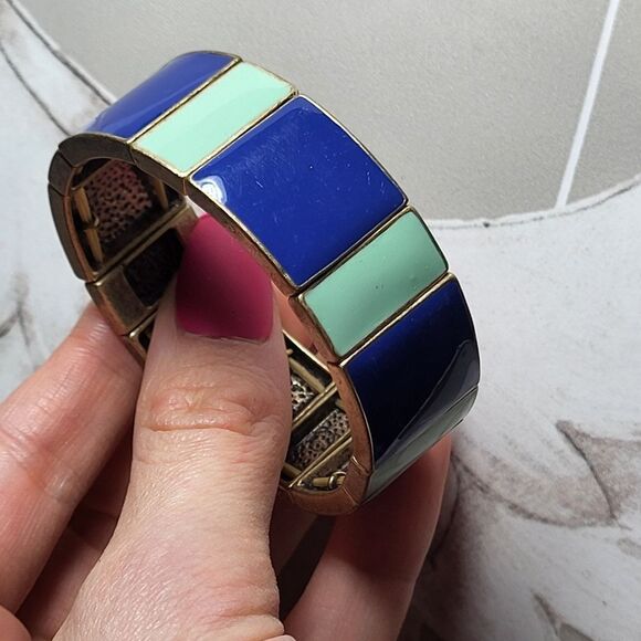 Vintage Stretchy blue and green enamel  Bangle Bracelet - Picture 1 of 6